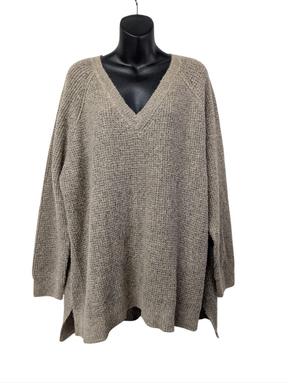 Natural Reflections Womens Beige Solid Knit V-Neck Oversized Pullover Sweater 1X